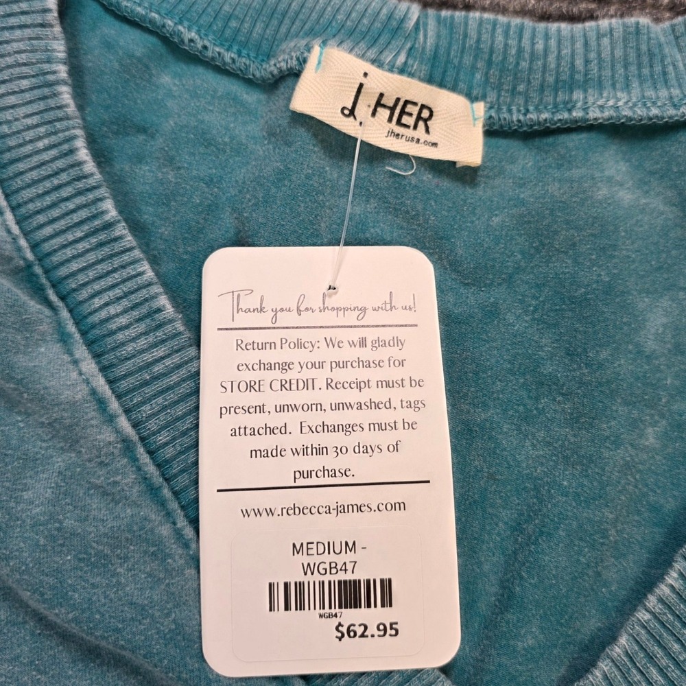 J. HER Mineral Wash Top Women's Size M Teal Blue V-Neck Long Sleeve Cotton NWT - Picture 8 of 8